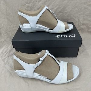 ECCO Strap Sandal Women 10-10.5 EU 41 White 2 Tone Wedge Leather‎ Dress Shoe